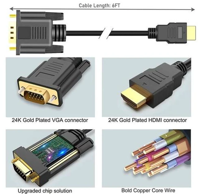 Alt view image 7 of 7 - HDMI to VGA 6FT Gold-Plated HDMI to VGA Cable (Male to Male) Compatible for Computer Desktop Laptop PC Monitor Projector HDTV Raspberry Pi Xbox and More (1)