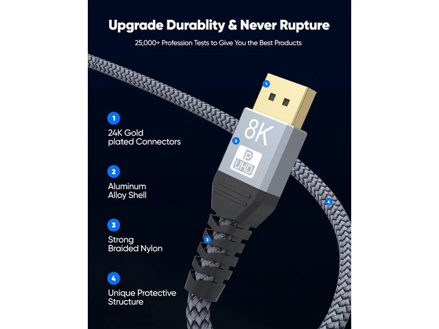 Alt view image 5 of 7 - 8K DisplayPort Cable 8FT DP Cable Display Port to Display Port 1.4 8 Feet (8K@60Hz 4K@144Hz 2K@240Hz 32.4Gbps Dynamic HDR 3D HDCP2.2) for Monitor Graphics Card PC Laptop