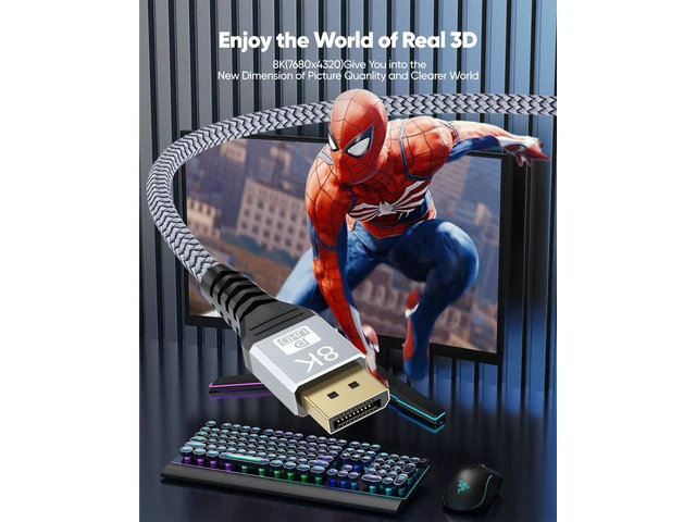 Alt view image 4 of 7 - 8K DisplayPort Cable 8FT DP Cable Display Port to Display Port 1.4 8 Feet (8K@60Hz 4K@144Hz 2K@240Hz 32.4Gbps Dynamic HDR 3D HDCP2.2) for Monitor Graphics Card PC Laptop