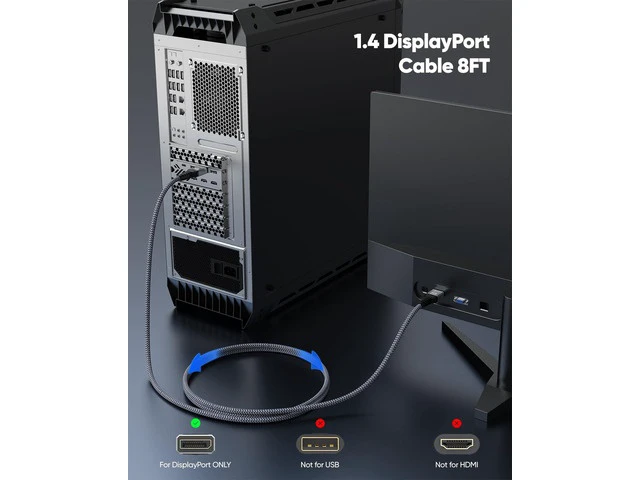 Alt view image 6 of 7 - 8K DisplayPort Cable 8FT DP Cable Display Port to Display Port 1.4 8 Feet (8K@60Hz 4K@144Hz 2K@240Hz 32.4Gbps Dynamic HDR 3D HDCP2.2) for Monitor Graphics Card PC Laptop