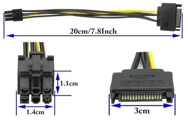 Alt view image 2 of 6 - SATA 15Pin Male to 6Pin Male Graphics Card Power Cord, SATA Powered by Power Supply Cable,15P to 6P Reverse Power Supply Cable