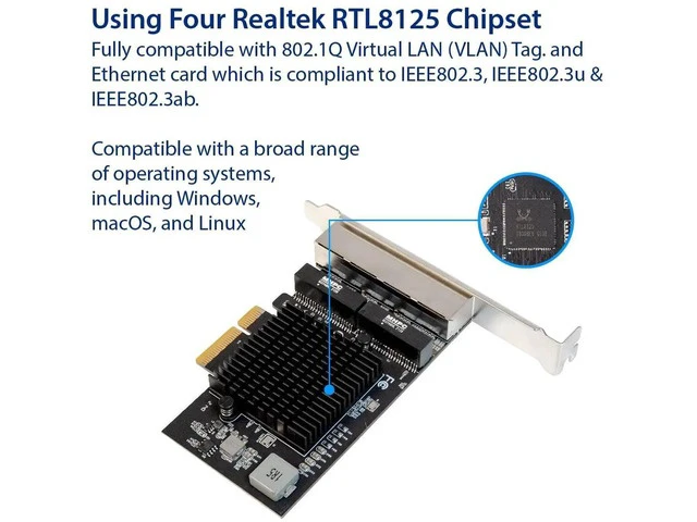 Alt view image 2 of 6 - Quad 2.5G PCIe Network Card, 4 Ports RJ45 Ethernet NIC with Realtek RTL8125 Chip, 10/100/1000/2500Mbps PCI Express LAN Adapter Black SI-PEX24077