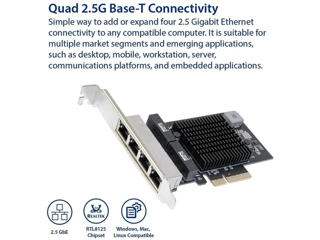 Alt view image 4 of 6 - Quad 2.5G PCIe Network Card, 4 Ports RJ45 Ethernet NIC with Realtek RTL8125 Chip, 10/100/1000/2500Mbps PCI Express LAN Adapter Black SI-PEX24077