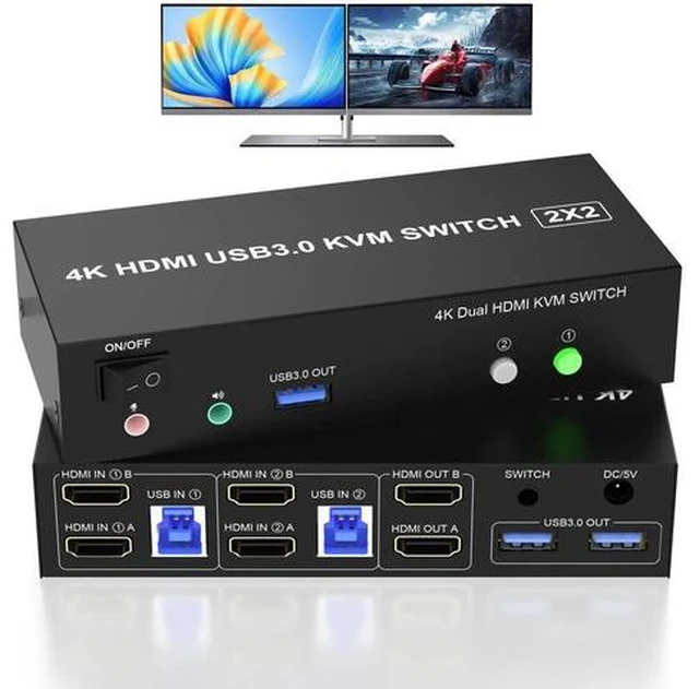 Main image of 2 Computers 2 Monitors HDMI Dual Monitor KVM Switch, 4K@60Hz USB 3.0 KVM Switcher with EDID Emulator, Audio Microphone Port, 3 USB 3.0 Ports for PC Share Dual Display Peripherals