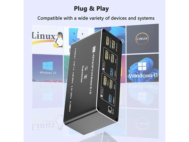 Alt view image 2 of 7 - 8K HDMI DisplayPort Dual Monitor KVM Switch, 2 Computers Share 2 Screens KVM Switcher, USB 3.0 Hub Support Extended Mirror Mode with Desktop Controller & 2 USB Cables