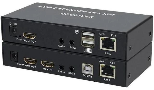 Alt view image 2 of 6 - 120M HDMI KVM Extender Over CAT6 RJ45 Ethernet, 4K HDMI-Compatible USB-A KVM Extender with Keyboard Mouse Control, 3.5mm AUX Audio Port, Aluminum Alloy Housing, US Plug