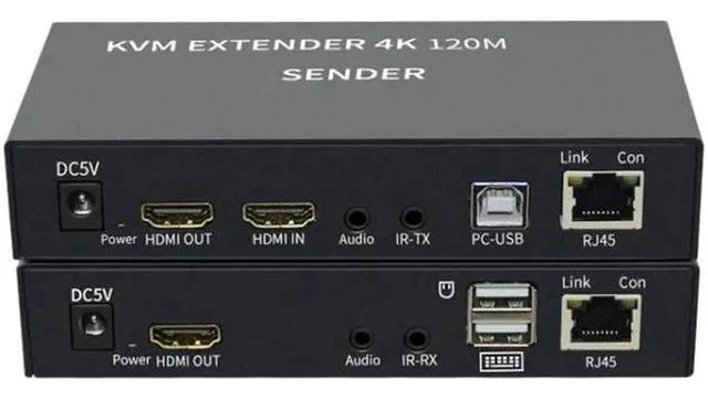 Main image of 120M HDMI KVM Extender Over CAT6 RJ45 Ethernet, 4K HDMI-Compatible USB-A KVM Extender with Keyboard Mouse Control, 3.5mm AUX Audio Port, Aluminum Alloy Housing, US Plug