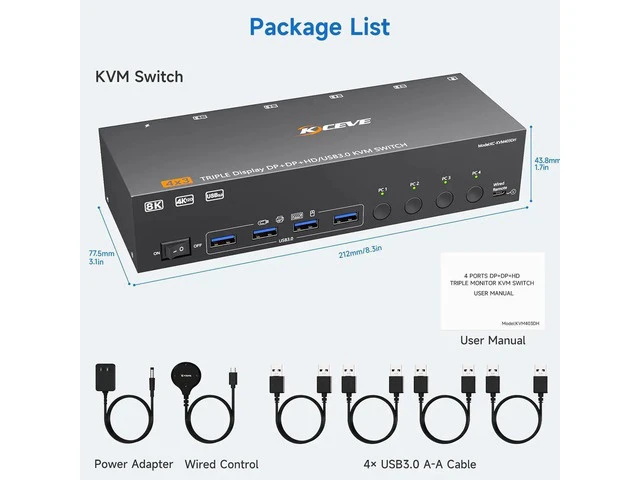 Alt view image 3 of 7 - 4 Port Triple Monitor KVM Switch 8K@60Hz 4K@144Hz, HDMI + 2 DisplayPort KVM Switcher for 4 Computers, Share 3 Displays & 4 USB3.0 Ports, Support Extended & Mirror Display Mode