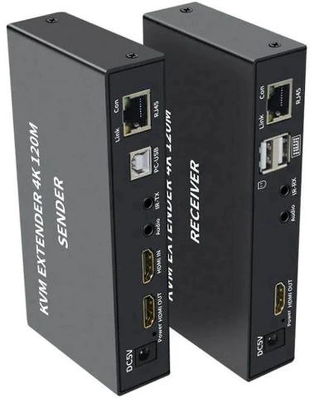 Alt view image 4 of 6 - 120M HDMI KVM Extender Over CAT6 RJ45 Ethernet, 4K HDMI-Compatible USB-A KVM Extender with Keyboard Mouse Control, 3.5mm AUX Audio Port, Aluminum Alloy Housing, US Plug