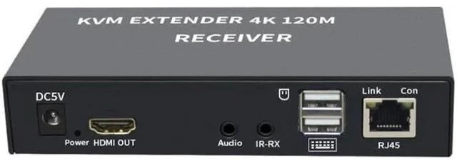 Alt view image 3 of 6 - 120M HDMI KVM Extender Over CAT6 RJ45 Ethernet, 4K HDMI-Compatible USB-A KVM Extender with Keyboard Mouse Control, 3.5mm AUX Audio Port, Aluminum Alloy Housing, US Plug
