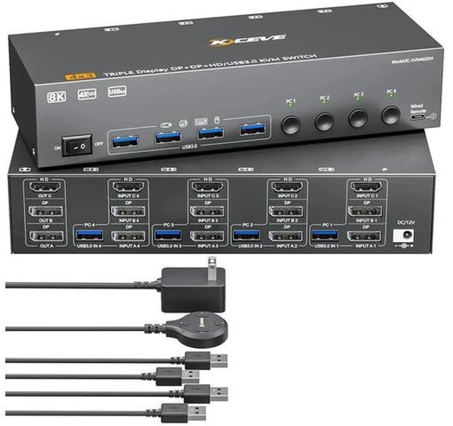 Main image of 4 Port Triple Monitor KVM Switch 8K@60Hz 4K@144Hz, HDMI + 2 DisplayPort KVM Switcher for 4 Computers, Share 3 Displays & 4 USB3.0 Ports, Support Extended & Mirror Display Mode