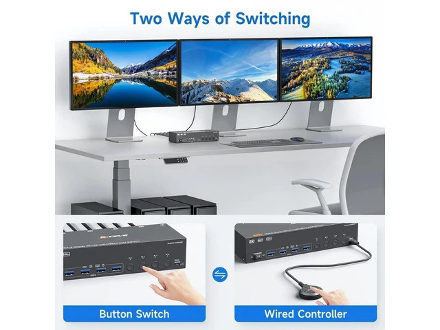 Alt view image 5 of 7 - 4 Port Triple Monitor KVM Switch 8K@60Hz 4K@144Hz, HDMI + 2 DisplayPort KVM Switcher for 4 Computers, Share 3 Displays & 4 USB3.0 Ports, Support Extended & Mirror Display Mode