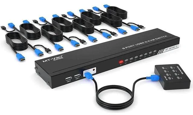 Main image of MT-VIKI 8 Port HDMI KVM Switch, 4K@30Hz Rack Mount KVM Switch with IR Remote & Wired Desktop Controller, Includes 8 PCS HDMI KVM Cables