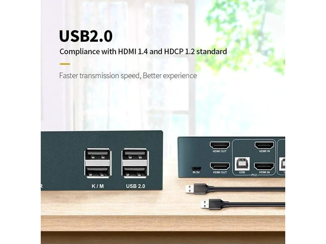 Alt view image 2 of 7 - 2 Port Dual Monitor HDMI KVM Switch Box, 4K@30Hz USB 2.0 Hub KVM Switcher, Hotkey Switch Supported for 2 Computers Share Dual Monitor Keyboard Mouse