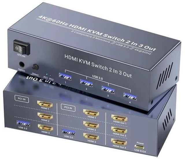 Main image of 2 Port Triple Monitor HDMI KVM Switch 4K@60Hz, 2 Computers Share 3 Monitors & 4 USB 3.0 Ports, Single Set Keyboard Mouse Control KVM Switcher