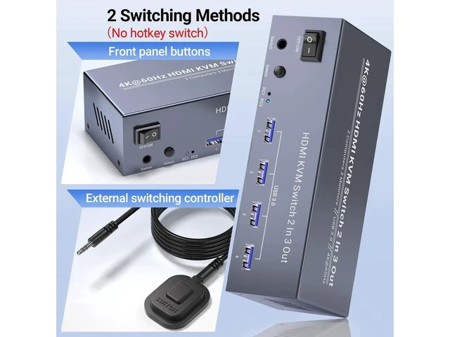 Alt view image 2 of 7 - 2 Port Triple Monitor HDMI KVM Switch 4K@60Hz, 2 Computers Share 3 Monitors & 4 USB 3.0 Ports, Single Set Keyboard Mouse Control KVM Switcher