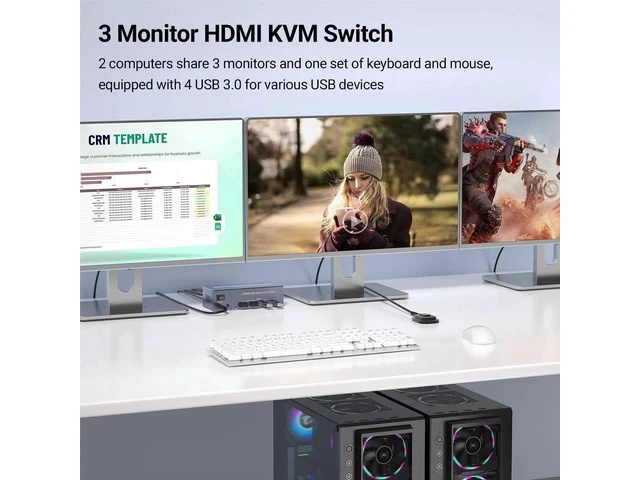 Alt view image 4 of 7 - 2 Port Triple Monitor HDMI KVM Switch 4K@60Hz, 2 Computers Share 3 Monitors & 4 USB 3.0 Ports, Single Set Keyboard Mouse Control KVM Switcher