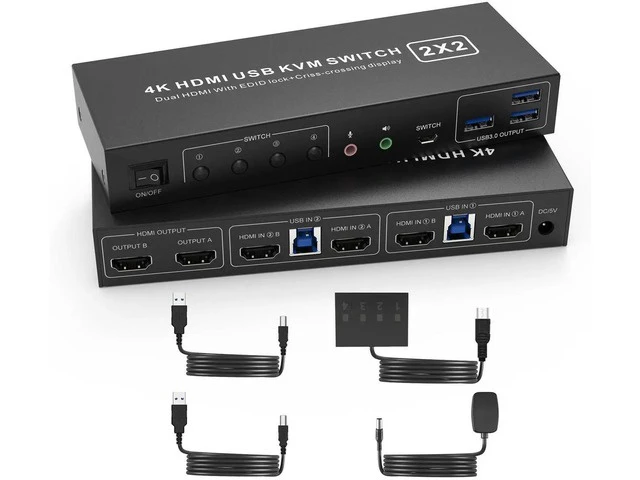 Main image of 2 Port Dual Monitor HDMI KVM Switch 4K@60Hz USB 3.0, 2 Computers Cross Display KVM Switcher with 3 USB 3.0 Ports & Audio Jack