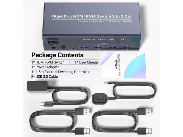 Alt view image 7 of 7 - 2 Port Triple Monitor HDMI KVM Switch 4K@60Hz, 2 Computers Share 3 Monitors & 4 USB 3.0 Ports, Single Set Keyboard Mouse Control KVM Switcher