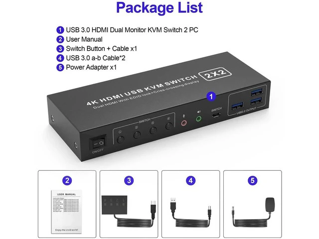 Alt view image 2 of 7 - 2 Port Dual Monitor HDMI KVM Switch 4K@60Hz USB 3.0, 2 Computers Cross Display KVM Switcher with 3 USB 3.0 Ports & Audio Jack
