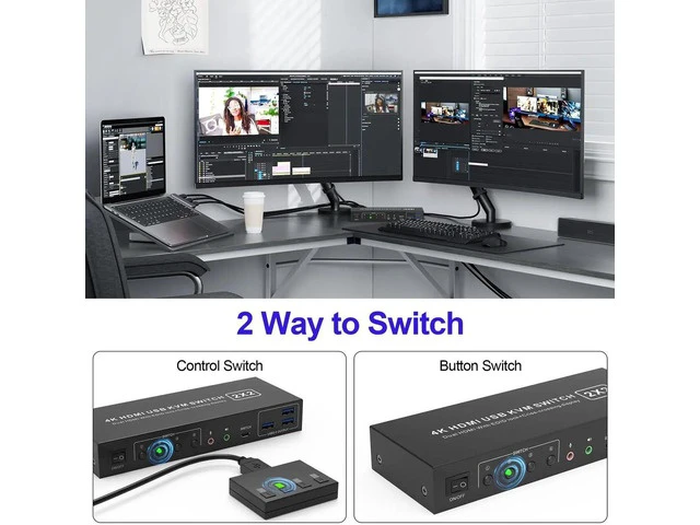 Alt view image 3 of 7 - 2 Port Dual Monitor HDMI KVM Switch 4K@60Hz USB 3.0, 2 Computers Cross Display KVM Switcher with 3 USB 3.0 Ports & Audio Jack