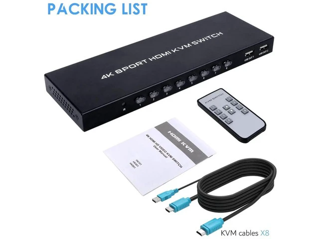 Alt view image 4 of 5 - 8 Port HDMI KVM Switch, 4K@30Hz 8 in 1 Out KVM Switcher Share 1 Monitor & 4 USB Devices, IR Remote Control Included with 8 HDMI Cables