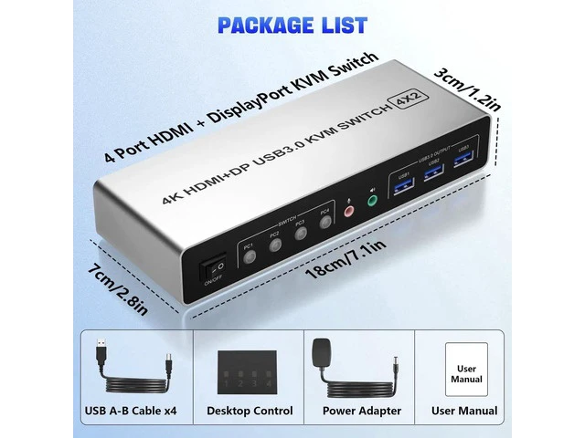 Alt view image 5 of 7 - 4 Port Dual Monitor KVM Switch DisplayPort HDMI, 4K@60Hz 4 Computers Share 2 Monitors, DP HDMI KVM Switch with 3 USB 3.0 Ports & Audio Microphone Port