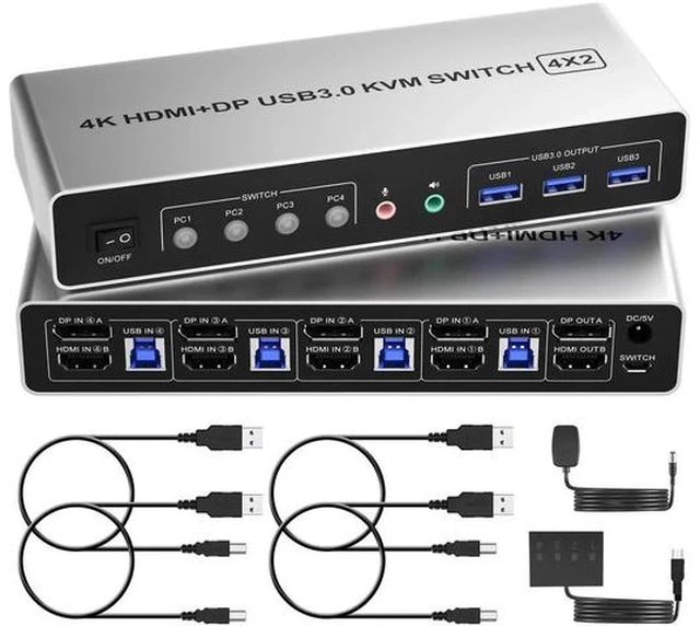 Main image of 4 Port Dual Monitor KVM Switch DisplayPort HDMI, 4K@60Hz 4 Computers Share 2 Monitors, DP HDMI KVM Switch with 3 USB 3.0 Ports & Audio Microphone Port