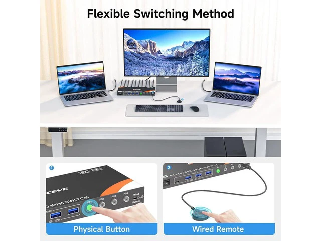 Alt view image 7 of 7 - 4 Port HDMI KVM Switch 4K@120Hz 8K@60Hz, USB 3.0 Single Monitor KVM Switcher for 4 Computers Share Keyboard Mouse and Display