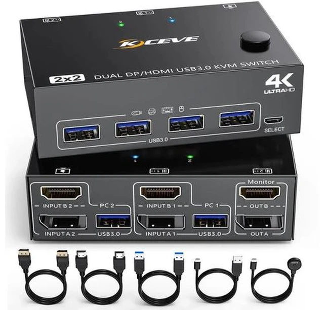Main image of 2 Computer 2 Monitor DisplayPort HDMI KVM Switch, USB 3.0 Dual Monitor KVM Switcher, 4K@60Hz Video Switch Box for 2 PCs Share Keyboard Mouse Monitor