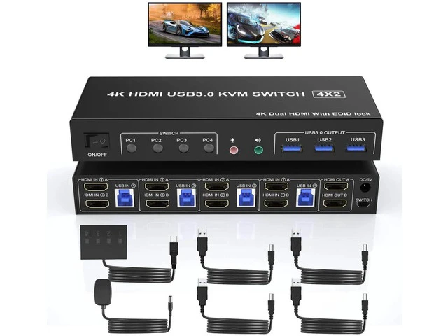 Main image of 4 Port HDMI Dual Monitor KVM Switch 4K@60Hz USB3.0, 4 Computers Dual Screen KVM Switcher with Audio Output, 3 USB 3.0 Ports & EDID Emulation Function