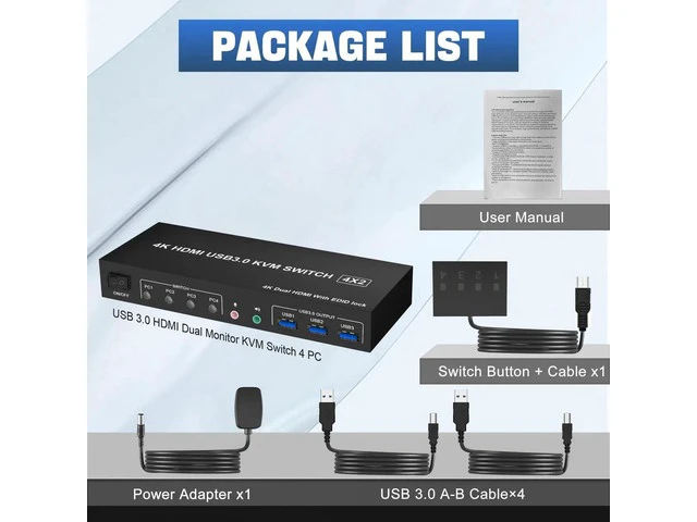 Alt view image 2 of 7 - 4 Port HDMI Dual Monitor KVM Switch 4K@60Hz USB3.0, 4 Computers Dual Screen KVM Switcher with Audio Output, 3 USB 3.0 Ports & EDID Emulation Function