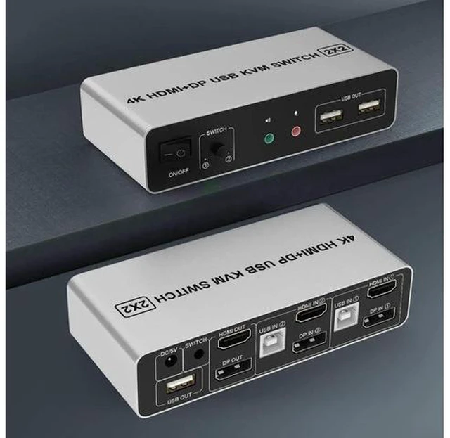 Main image of 2 Port Dual Monitor KVM Switch HDMI + DisplayPort, 4K@60Hz Extended Display KVM Switch with EDID, Audio Microphone Output & 3 USB Ports, 2 Computers Share 2 Monitors PC KVM Switcher