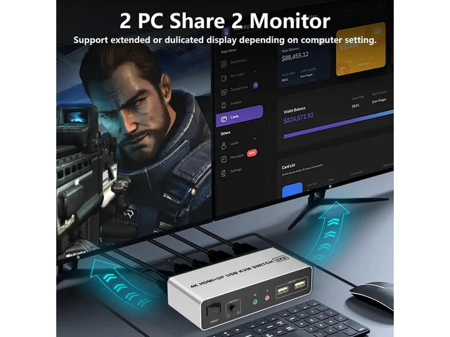 Alt view image 2 of 7 - 2 Port Dual Monitor KVM Switch HDMI + DisplayPort, 4K@60Hz Extended Display KVM Switch with EDID, Audio Microphone Output & 3 USB Ports, 2 Computers Share 2 Monitors PC KVM Switcher