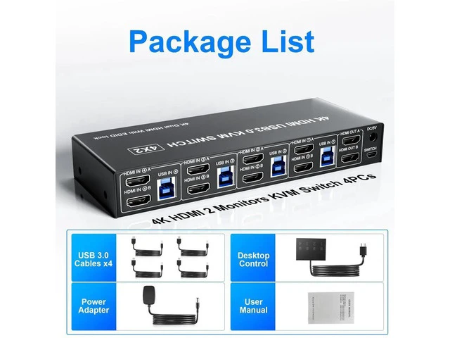 Alt view image 3 of 7 - 4 Port USB3.0 HDMI Dual Monitor KVM Switch 4K@60Hz, EDID Emulation KVM Switcher for 4 Computers, Built-in 3 USB3.0 Ports & Audio Microphone Jack