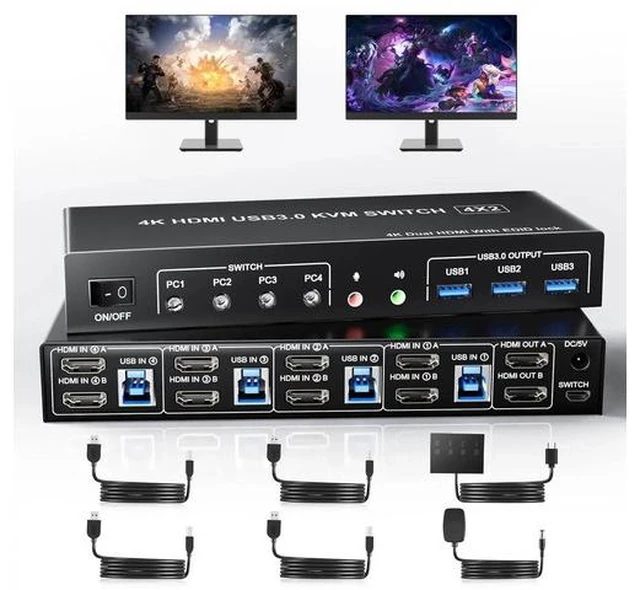 Main image of 4 Port USB3.0 HDMI Dual Monitor KVM Switch 4K@60Hz, EDID Emulation KVM Switcher for 4 Computers, Built-in 3 USB3.0 Ports & Audio Microphone Jack