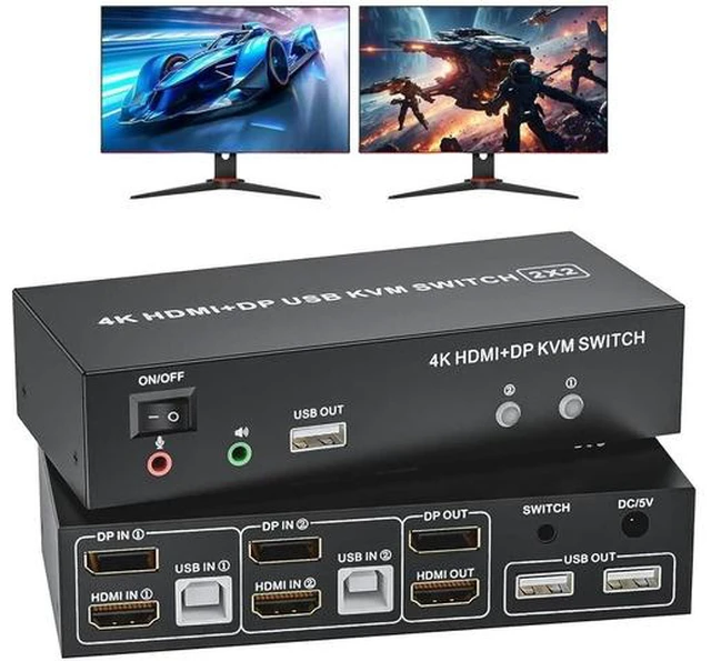 Main image of HDMI DisplayPort KVM Switch 2 Computers 2 Monitors, 4K@60Hz DP 1.4 Dual Monitor KVM Switch with Audio Microphone, USB 2.0 Hub Support Extended Mirror Mode, 2 Port KVM Switcher for 2 PC Share Keyboard