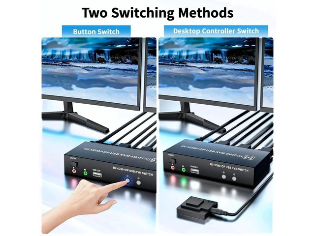 Alt view image 2 of 7 - HDMI DisplayPort KVM Switch 2 Computers 2 Monitors, 4K@60Hz DP 1.4 Dual Monitor KVM Switch with Audio Microphone, USB 2.0 Hub Support Extended Mirror Mode, 2 Port KVM Switcher for 2 PC Share Keyboard
