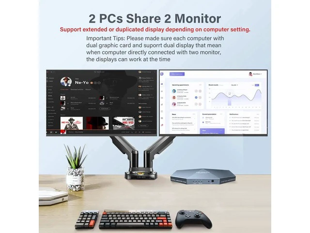 Alt view image 2 of 7 - 2 PCs Dual Monitor KVM Switch 4K@60Hz, HDMI 4X2 Dual Monitor KVM Switcher Support HDCP 2.2, Control 2 Computers with 2 Monitors for Home Office