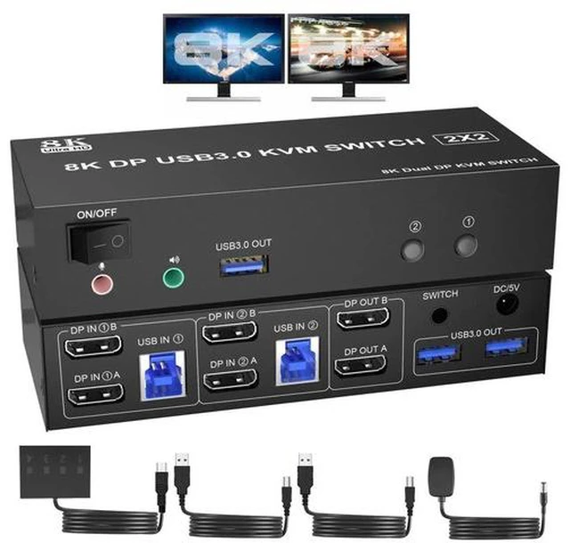 Main image of 2 Port Dual Monitor DisplayPort 1.4 KVM Switch 8K@60Hz 4K@144Hz, USB3.0 DP KVM Switcher for 2 Computers 2 Monitors, with Audio Microphone Output & 3 USB 3.0 Ports