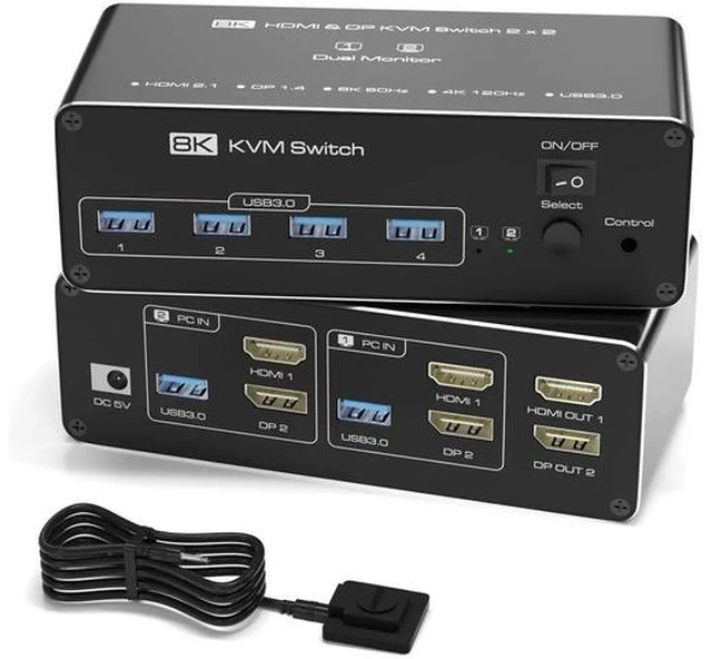 Main image of 8K HDMI+DP Dual Monitor KVM Switch 2 Computers 2 Monitors, USB 3.0 KVM Switcher Extended/Copy Display Mode, 2 PC Share Keyboard Mouse Monitor with Desktop Controller & 2 USB Cables
