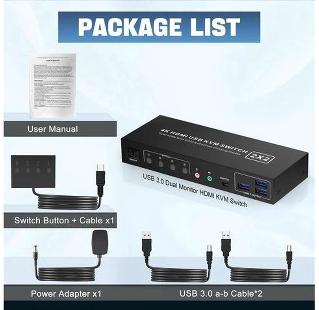Alt view image 4 of 7 - 2 Port Dual Monitor HDMI KVM Switch 4K@60Hz USB 3.0, 2 Computers Dual Screen KVM Switcher with 3 USB 3.0 Ports & Audio Port, Support Cross Display Function