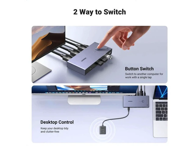 Alt view image 3 of 7 - UGREEN 2 in 1 Out DP1.4 KVM Switch, 8K@60Hz 4K@240Hz DisplayPort Switcher with 4 USB 3.0 Ports(3 USB-A+1 USB-C), 2 Computers Share Monitor Keyboard Mouse U-Disk Printer, Comes with 2 DP Cables & 2 USB