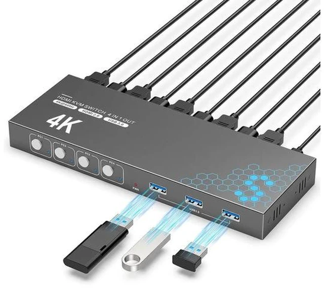 Main image of 4 Port USB 3.0 HDMI KVM Switch, 4K@60Hz 4 Computers Share 1 Monitor Keyboard Mouse Hard Drive Printer, EDID Adaptive KVM Switcher with 1 HDMI Cable & 4 USB Cables