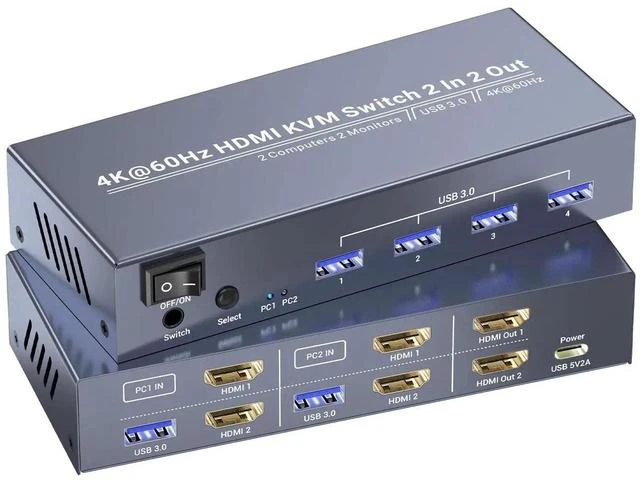 Main image of 4K@60Hz USB 3.0 Dual Monitor HDMI KVM Switch, 2 Port 2 Computers KVM Switcher, Control 2 PCs with One Set Keyboard Mouse, 4 USB 3.0 Ports for Peripheral Sharing