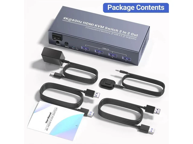 Alt view image 3 of 7 - 4K@60Hz USB 3.0 Dual Monitor HDMI KVM Switch, 2 Port 2 Computers KVM Switcher, Control 2 PCs with One Set Keyboard Mouse, 4 USB 3.0 Ports for Peripheral Sharing