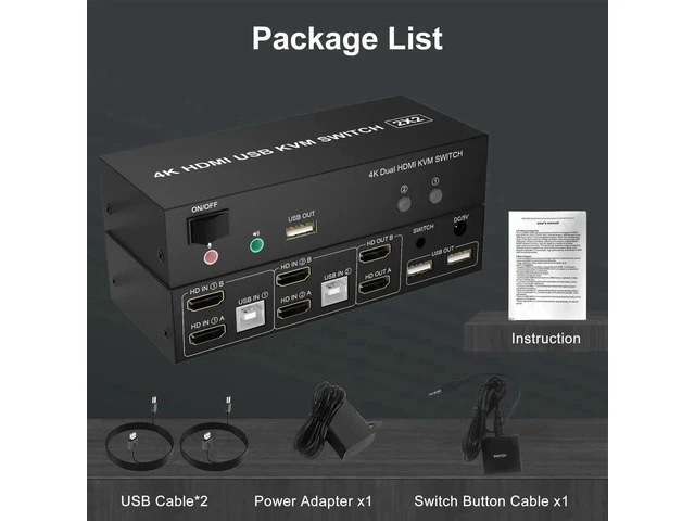 Alt view image 5 of 7 - 2 Port Dual Monitor HDMI KVM Switch 4K@60Hz, 2 Computers 2 Monitors KVM Switcher with Audio Microphone Jack and 3 USB Ports, Keyboard Mouse Sharing Switch for PC Desktop Laptop