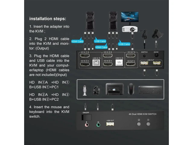 Alt view image 6 of 7 - 2 Port Dual Monitor HDMI KVM Switch 4K@60Hz, 2 Computers 2 Monitors KVM Switcher with Audio Microphone Jack and 3 USB Ports, Keyboard Mouse Sharing Switch for PC Desktop Laptop