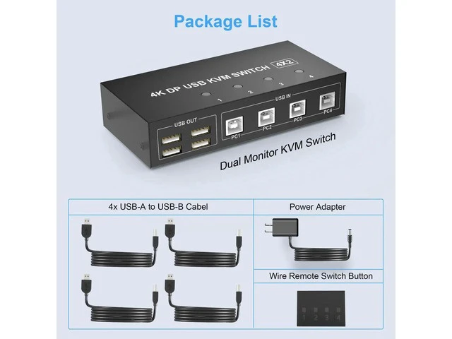Alt view image 5 of 7 - 4 Port Dual Monitor DisplayPort KVM Switch 4K@60Hz, 4 Computers 2 Monitors KVM Switch with 4 USB 2.0 Hub, Keyboard Mouse DisplayPort KVM Switcher for Desktop Laptop