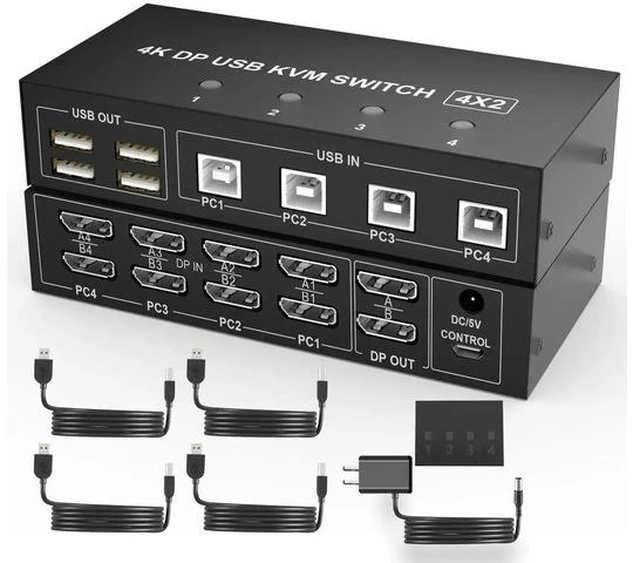 Main image of 4 Port Dual Monitor DisplayPort KVM Switch 4K@60Hz, 4 Computers 2 Monitors KVM Switch with 4 USB 2.0 Hub, Keyboard Mouse DisplayPort KVM Switcher for Desktop Laptop